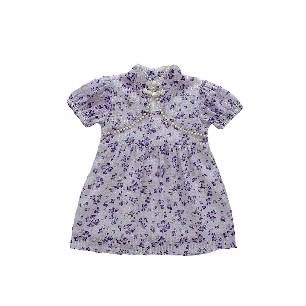 Arrival Summer Girls Dense Floral Pattern Short Sleeves Beaded Design Dress