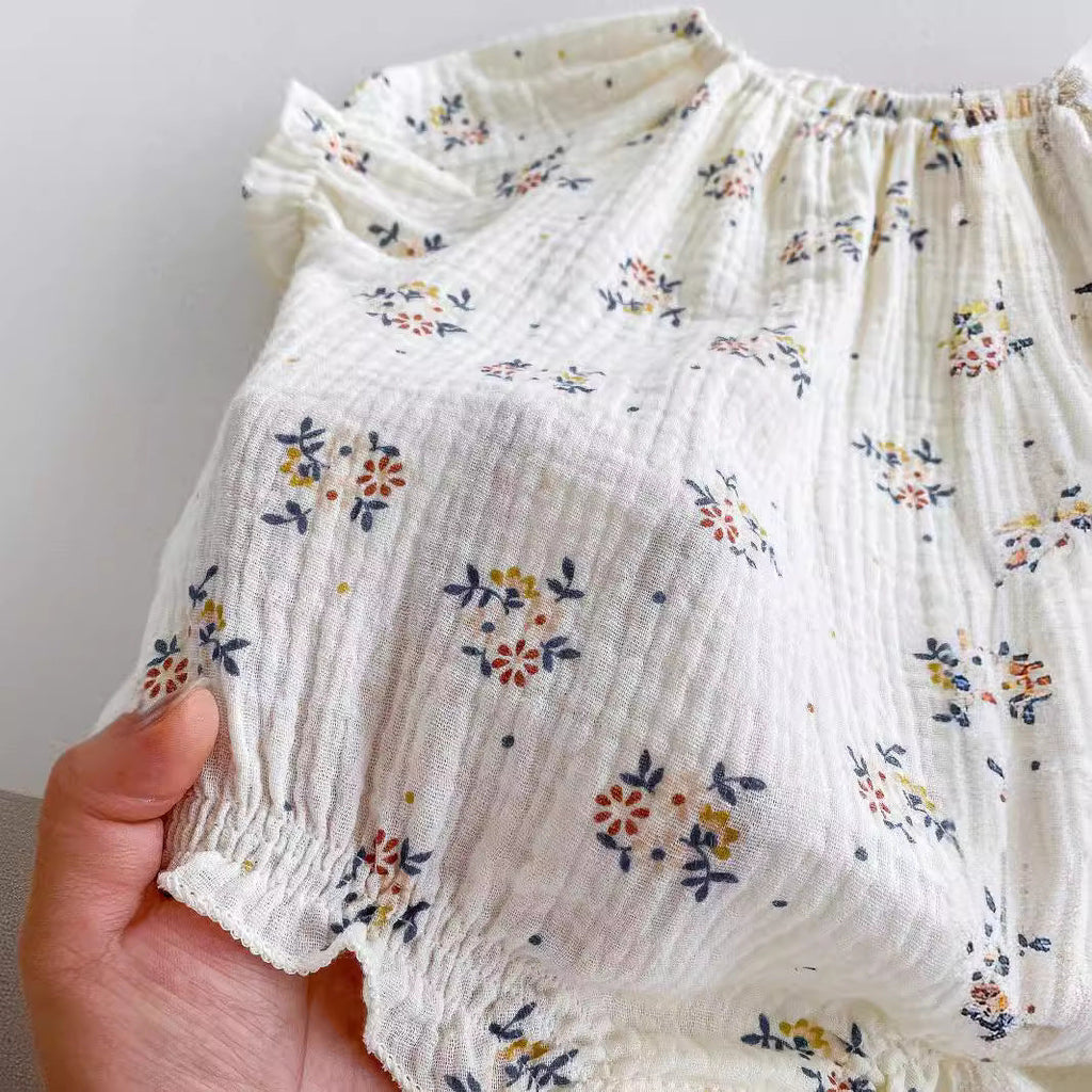 Summer Hot Selling Baby Kids Girls Short Sleeves Crew Neck Thin Cotton Double-Layer Gauze Floral Printed bodysuit