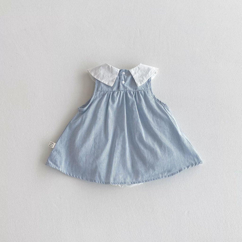 Summer Arrival Baby Girl Striped Pattern Sleeveless Dress with Butterfly-bow Tied Collar