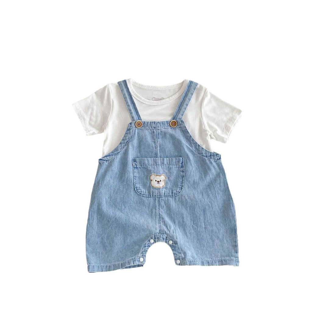 Arrival Summer Baby Kids Unisex Teddy Bear Pattern Short Sleeves T-Shirt And Thin Denim Overalls Romper – Baby Matching Clothing Set