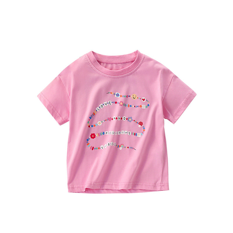 Summer Arrival Girls’ Flowers and Letters Pattern Short Sleeves Pink T-shirt in European and American Style