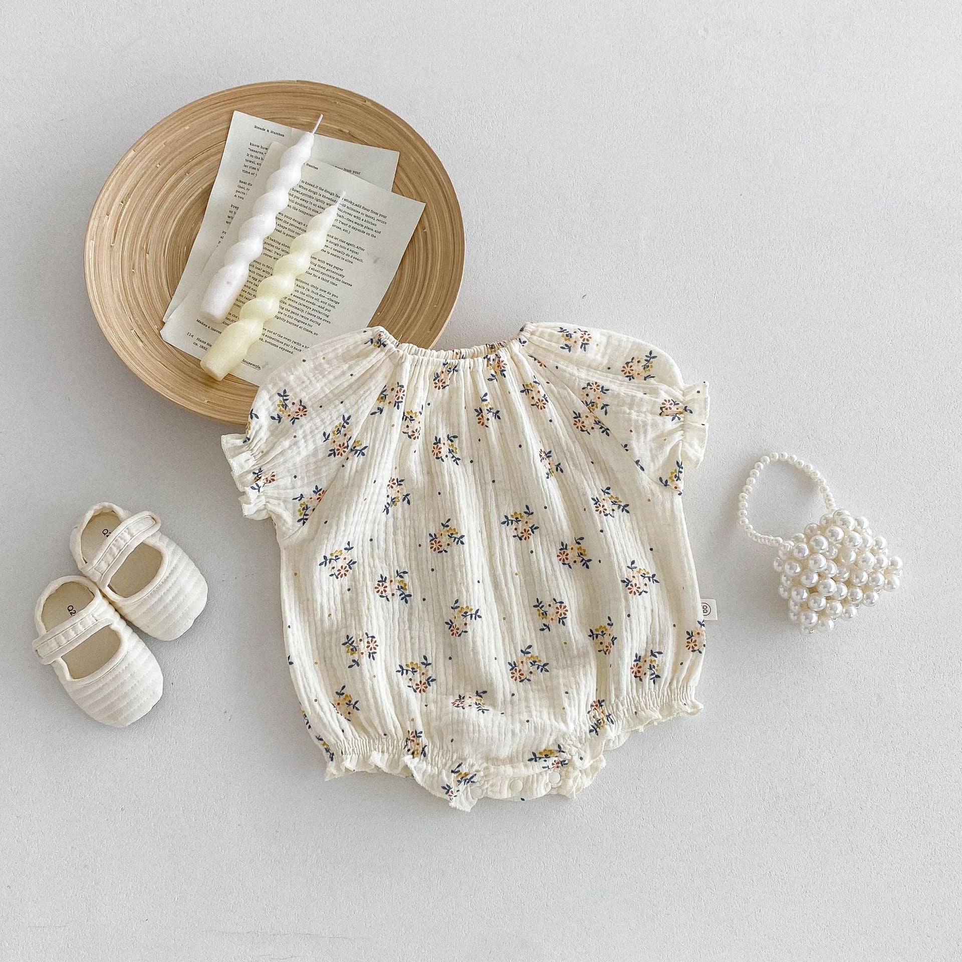 Summer Hot Selling Baby Kids Girls Short Sleeves Crew Neck Thin Cotton Double-Layer Gauze Floral Printed bodysuit