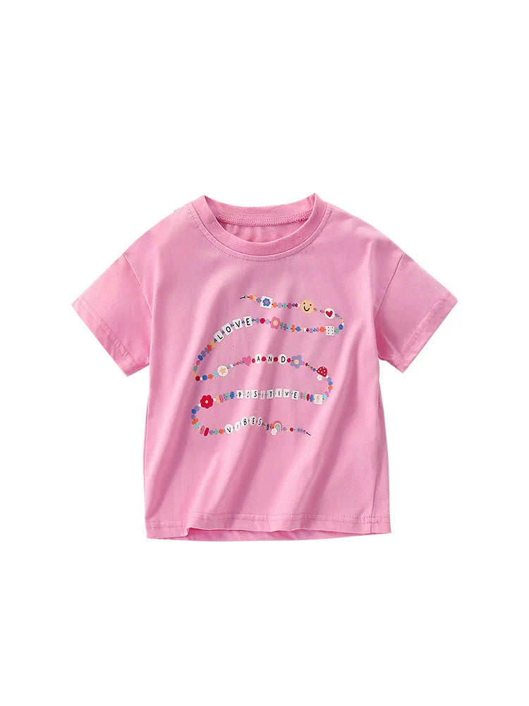 Summer Arrival Girls’ Flowers and Letters Pattern Short Sleeves Pink T-shirt in European and American Style
