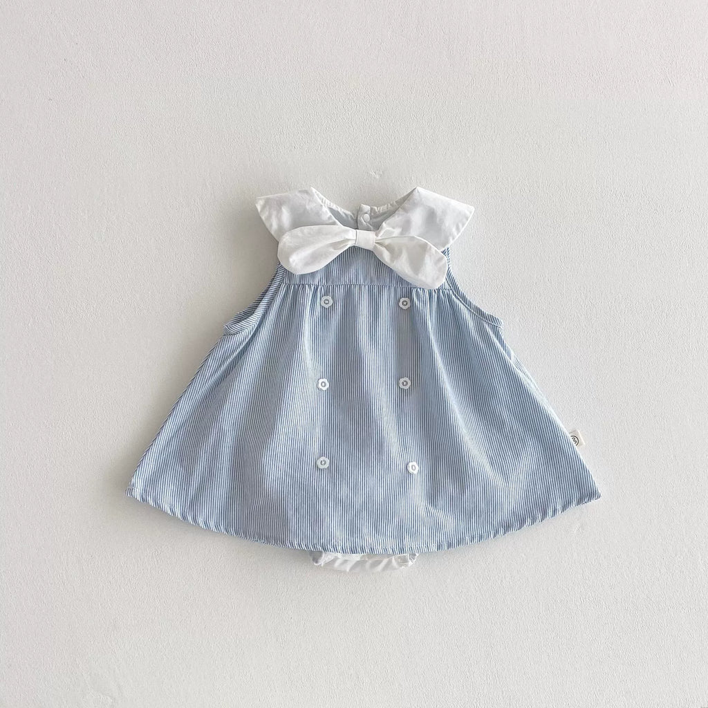 Summer Arrival Baby Girl Striped Pattern Sleeveless Dress with Butterfly-bow Tied Collar