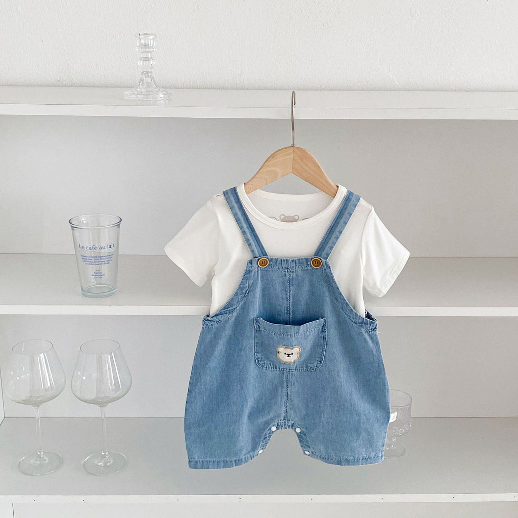 Arrival Summer Baby Kids Unisex Teddy Bear Pattern Short Sleeves T-Shirt And Thin Denim Overalls Romper – Baby Matching Clothing Set