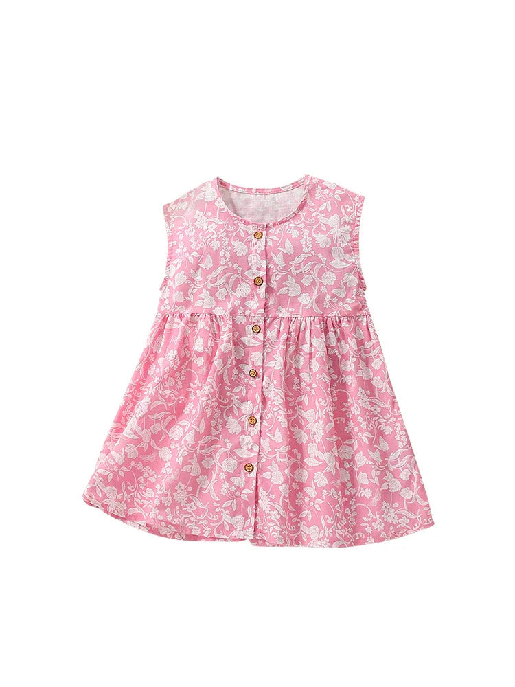 Summer Arrival Floral Sleeveless Single Breasted Dress for Stylish Girls