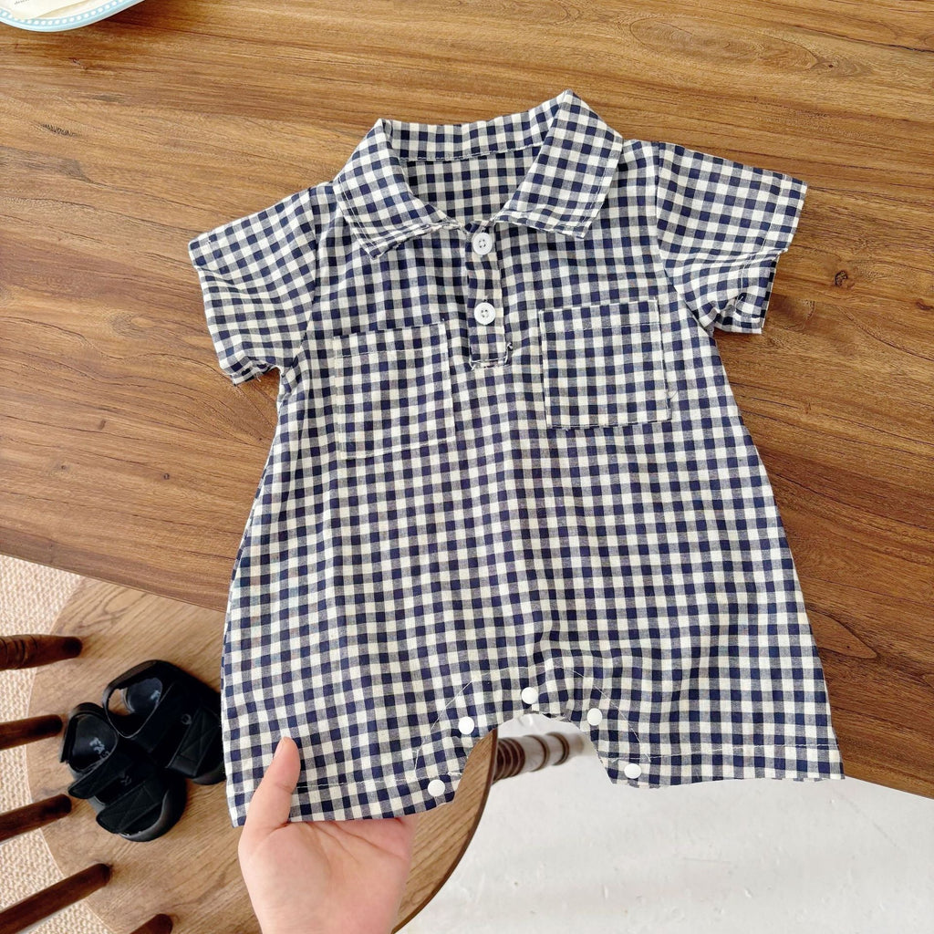 Summer Arrival Baby Boys Casual Plaid Pattern Short Sleeves Rompers