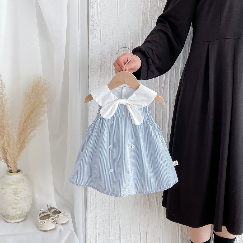 Summer Arrival Baby Girl Striped Pattern Sleeveless Dress with Butterfly-bow Tied Collar
