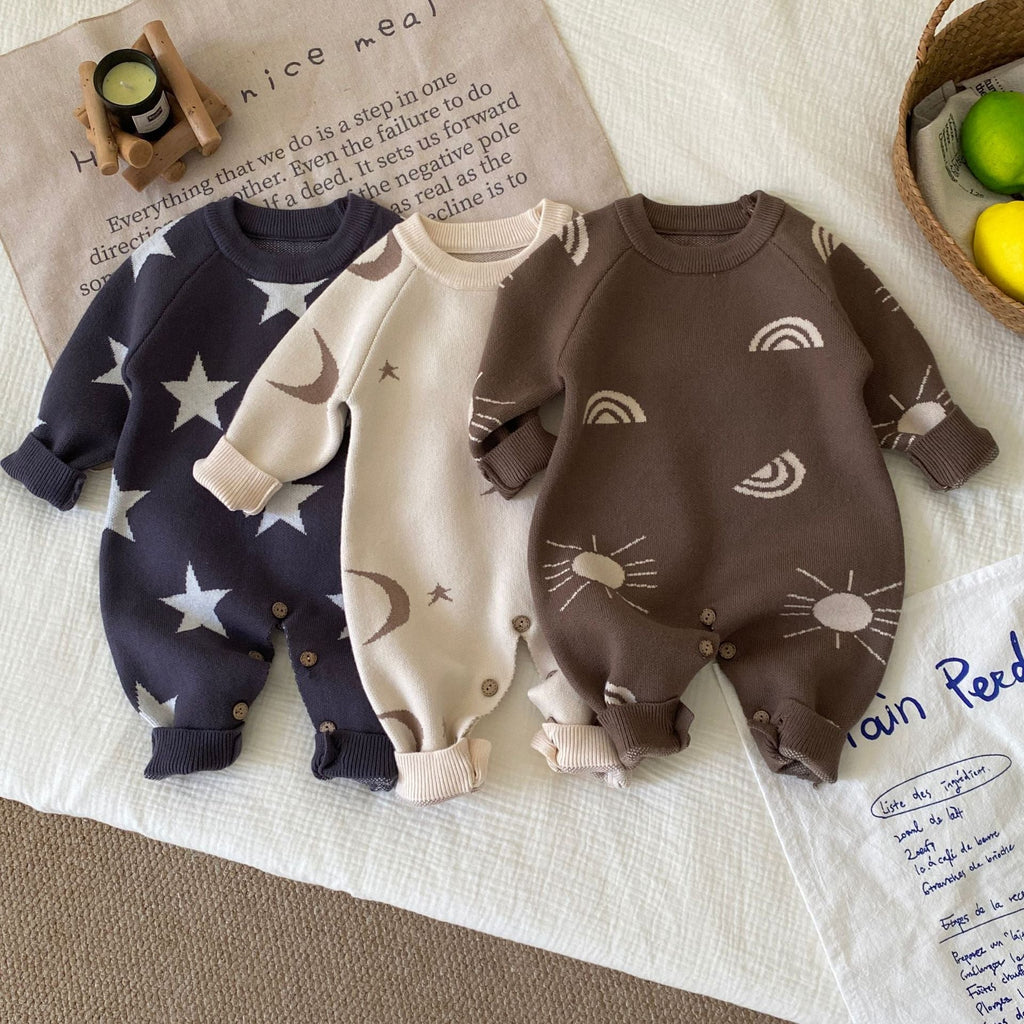 Autumn and Winter Arrival Baby Unisex Long Sleeves Geometric Pattern Knitted Rompers
