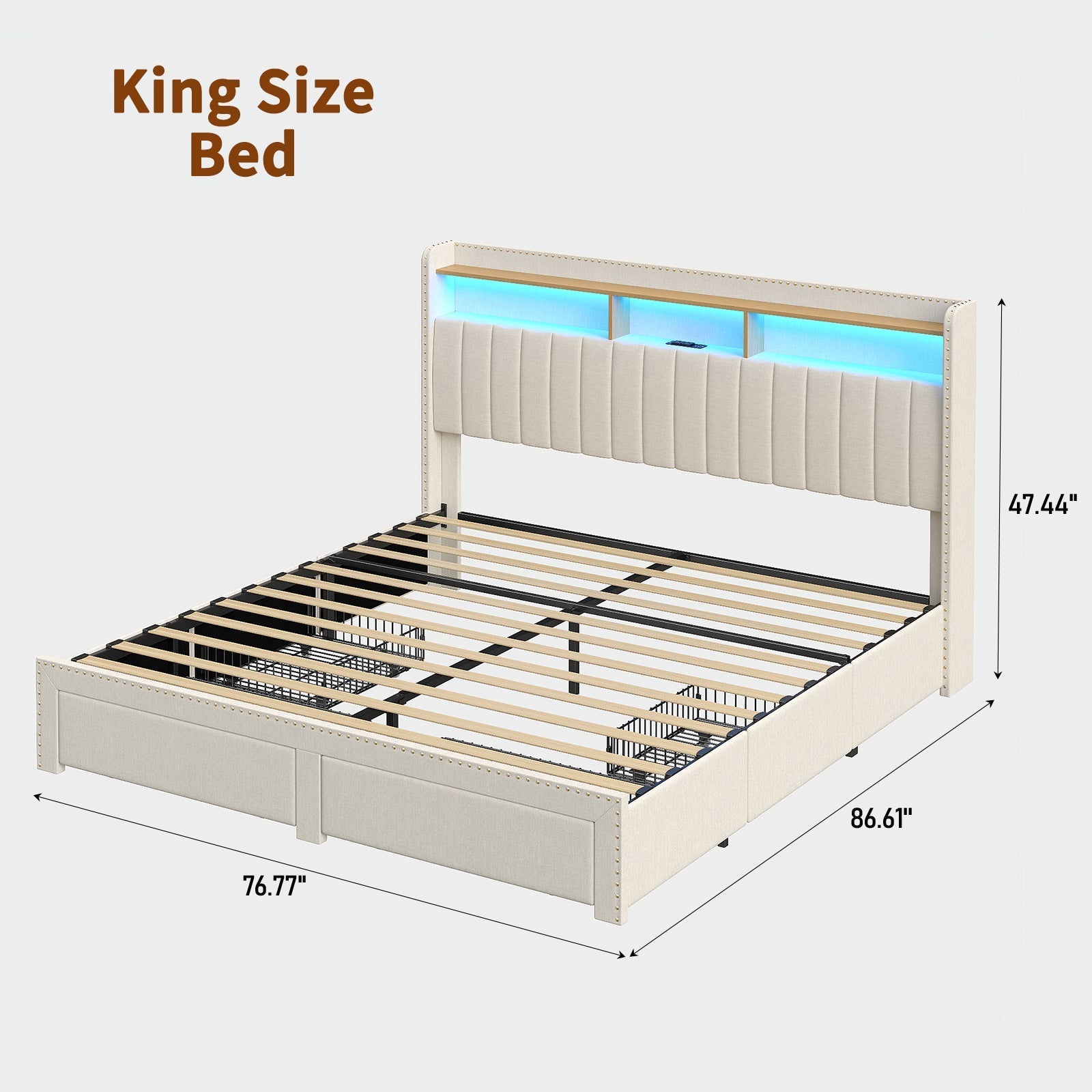 Vektaya US-BF008 Queen/King LED Bed Frame with Charging Upholst Bed Frame 4 Drawers Storage White