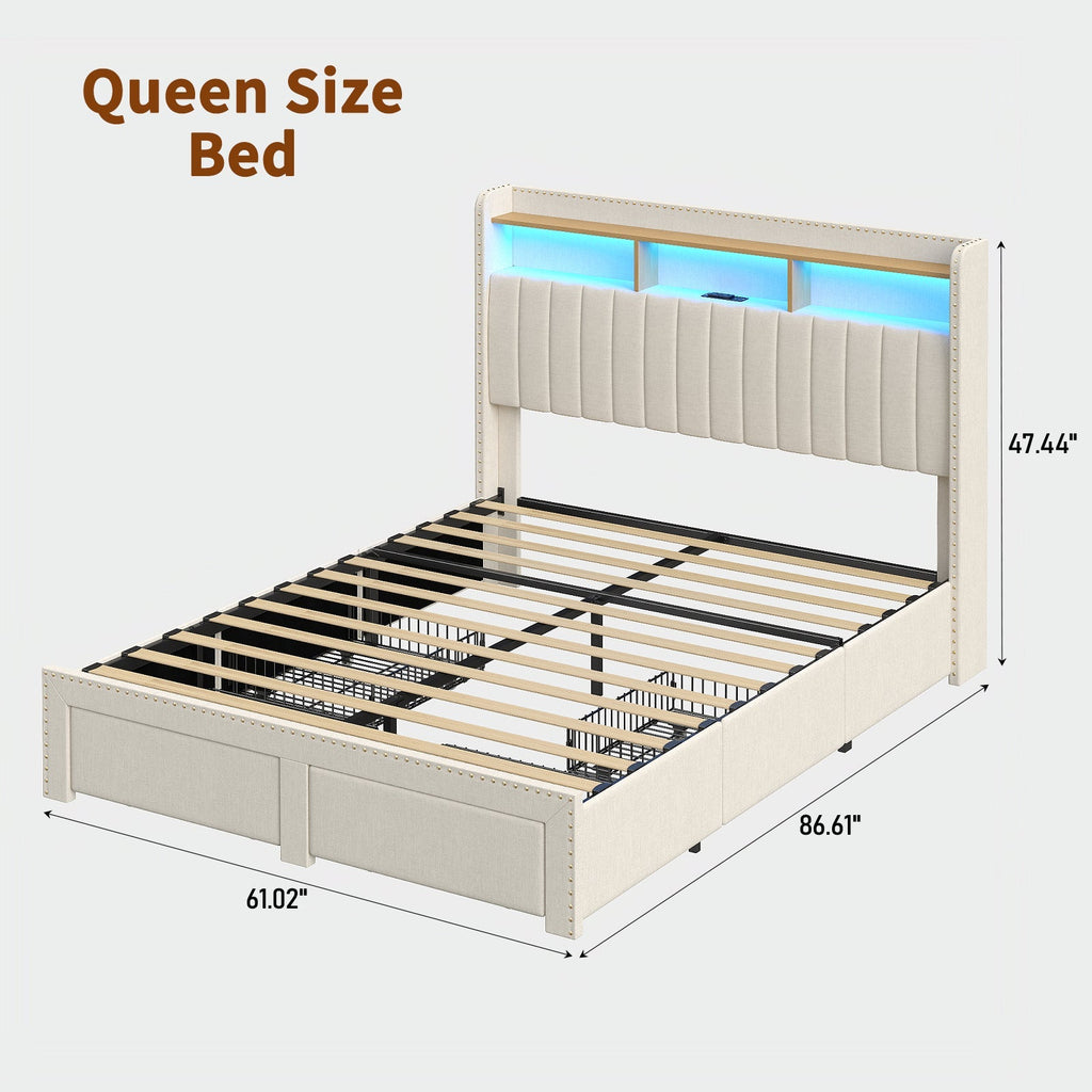Vektaya US-BF008 Queen/King LED Bed Frame with Charging Upholst Bed Frame 4 Drawers Storage White