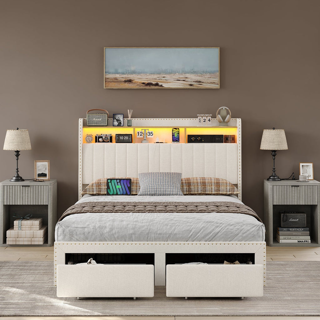 Vektaya US-BF008 Queen/King LED Bed Frame with Charging Upholst Bed Frame 4 Drawers Storage White