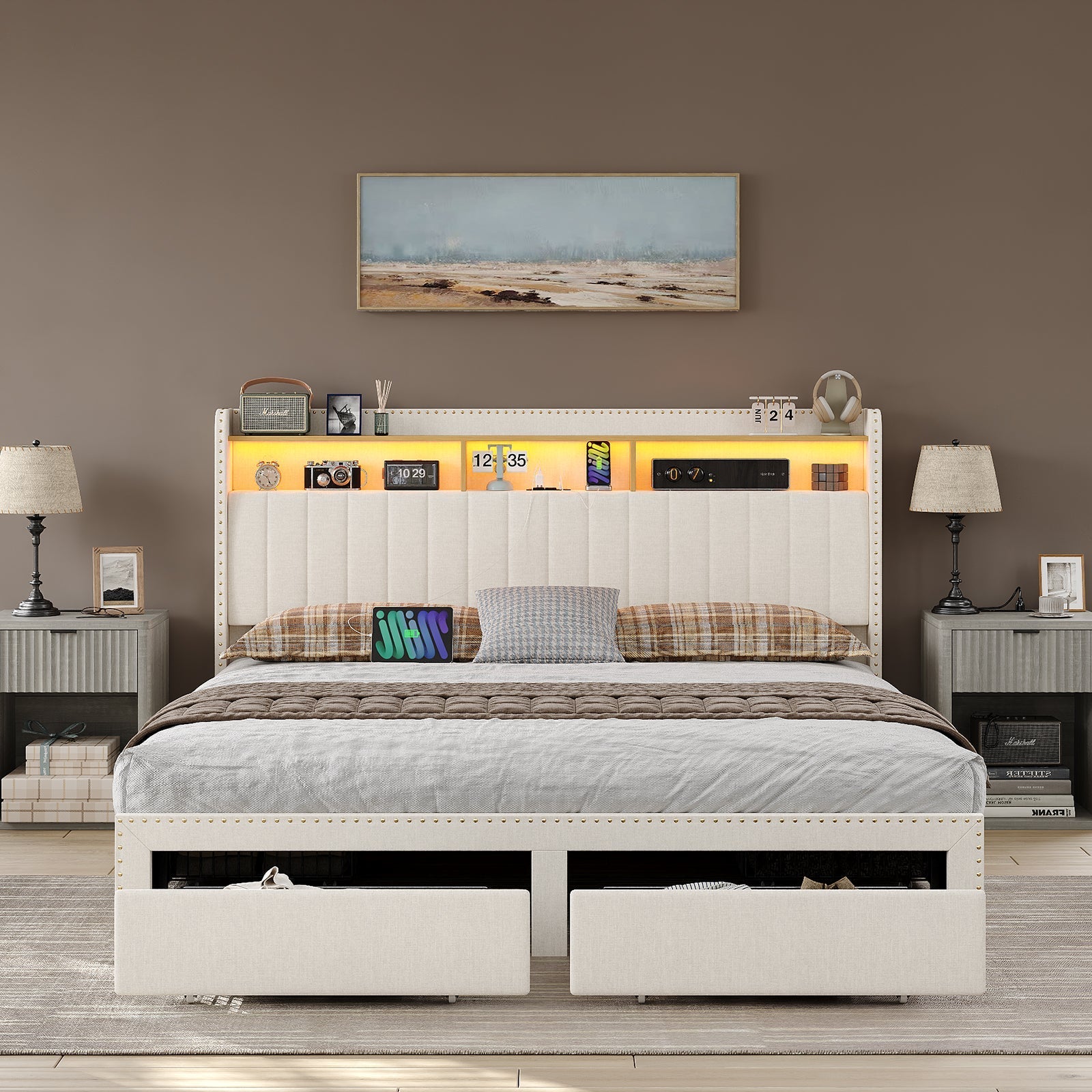 Vektaya US-BF008 Queen/King LED Bed Frame with Charging Upholst Bed Frame 4 Drawers Storage White