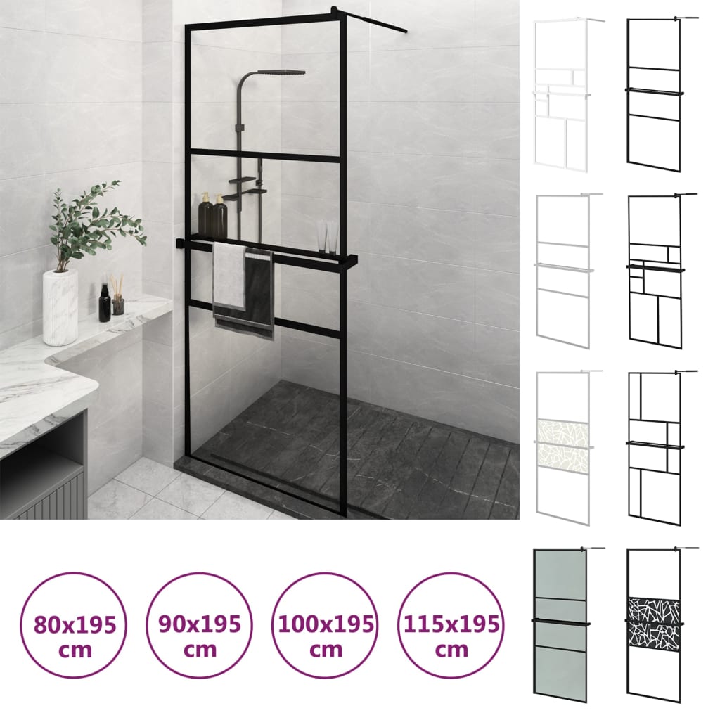 vidaXL Walk-in Shower Wall with Shelf Black 39.4"x76.8" ESG Glass&Aluminum-2