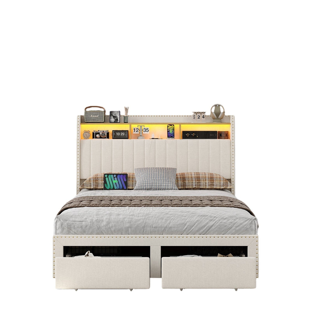 Vektaya US-BF008 Queen/King LED Bed Frame with Charging Upholst Bed Frame 4 Drawers Storage White