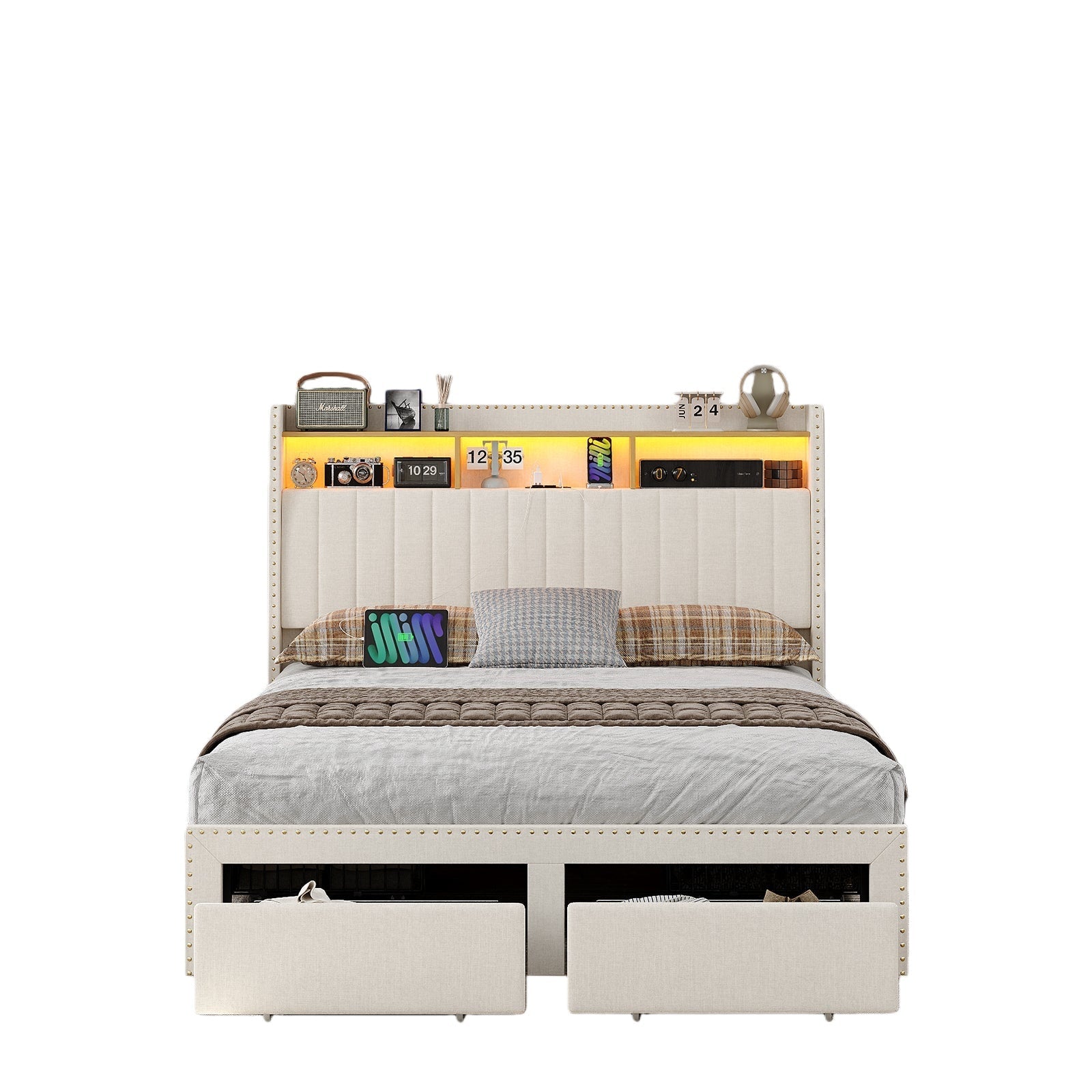 Vektaya US-BF008 Queen/King LED Bed Frame with Charging Upholst Bed Frame 4 Drawers Storage White