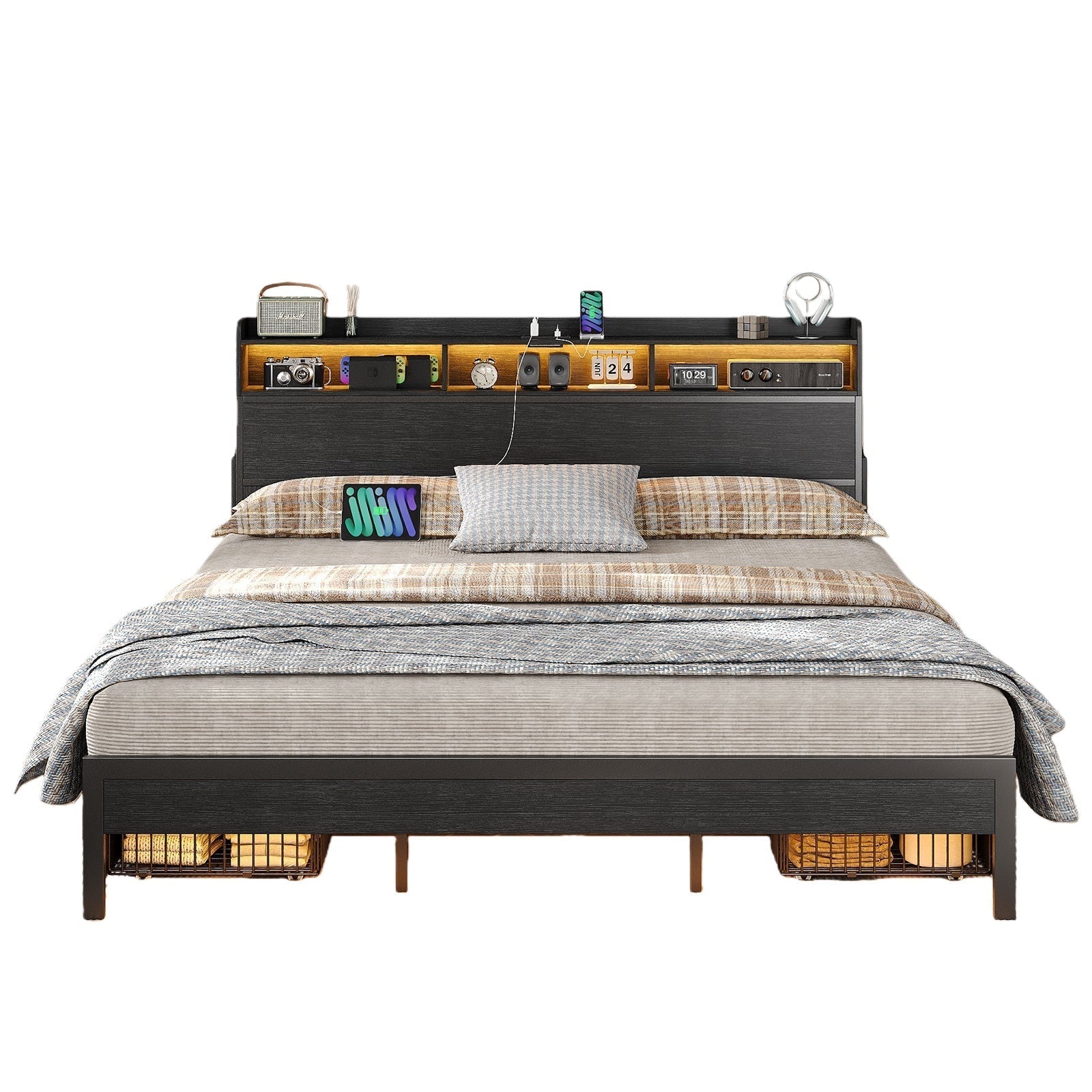 Vektaya US-BF015 Full/Queen/King Bed Frame with 2 Nightstands, 4 Drawers, Charging, No Box Spring,Black.