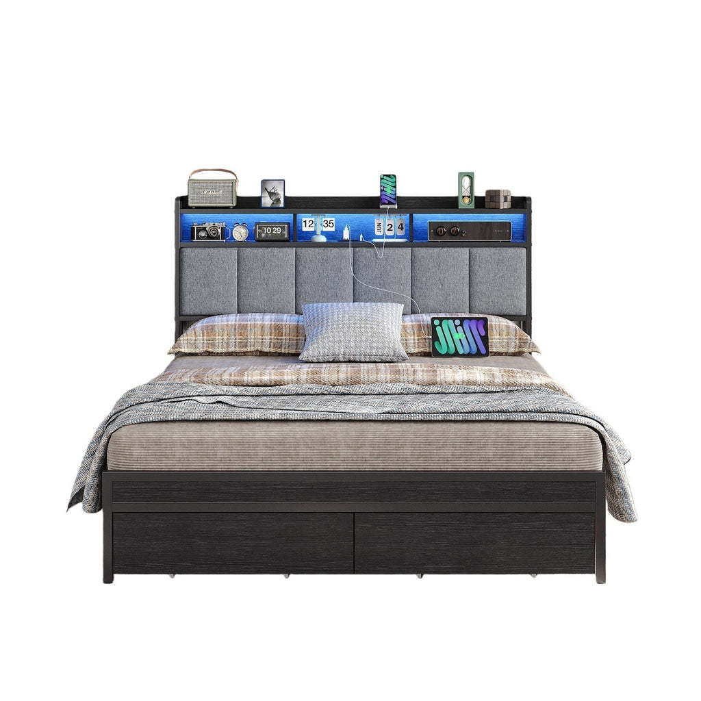 Vektaya US-BF016-BL Full/Queen Bed Frame with RGB LED Headboard, Charging Station, 2 Drawers, 2 USB & 2 AC Outlets, Easy Assembly, No Box Spring, Black