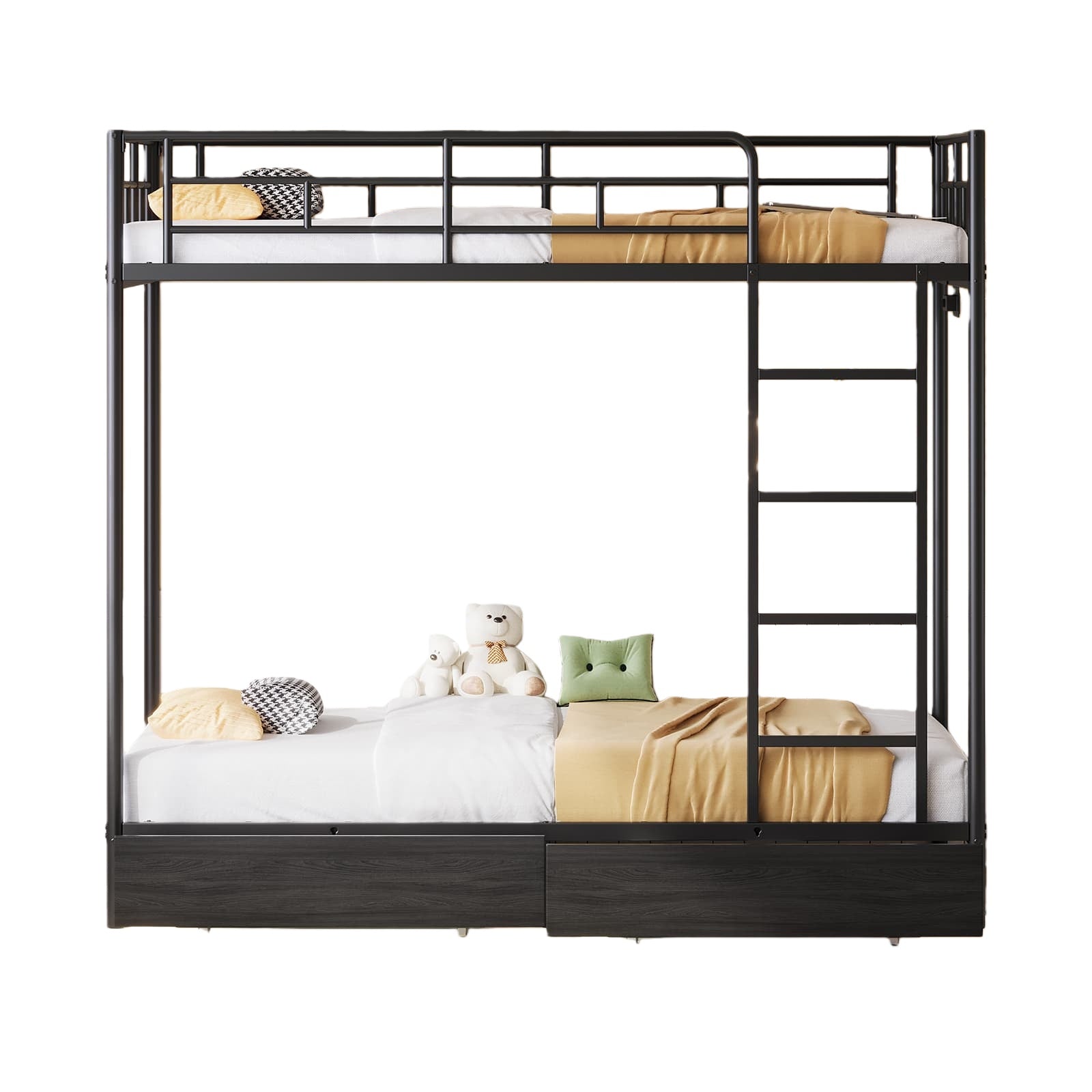 Vektaya US-BF018-BL Twin/Full Metal Bunk Bed with LED, Charging Station, 2 Drawers, Guard Rails & Ladder, No Box Spring, Black