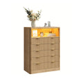Vektaya US-NS010-NR Fluted Nightstand with LED & Charging Station, 5-Drawer Tall Organizer, Oak-0