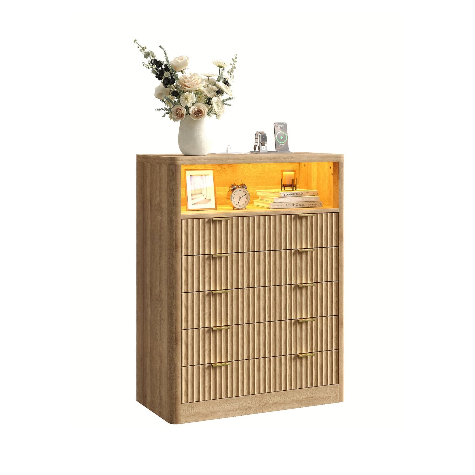 Vektaya US-NS010-NR Fluted Nightstand with LED & Charging Station, 5-Drawer Tall Organizer, Oak-0