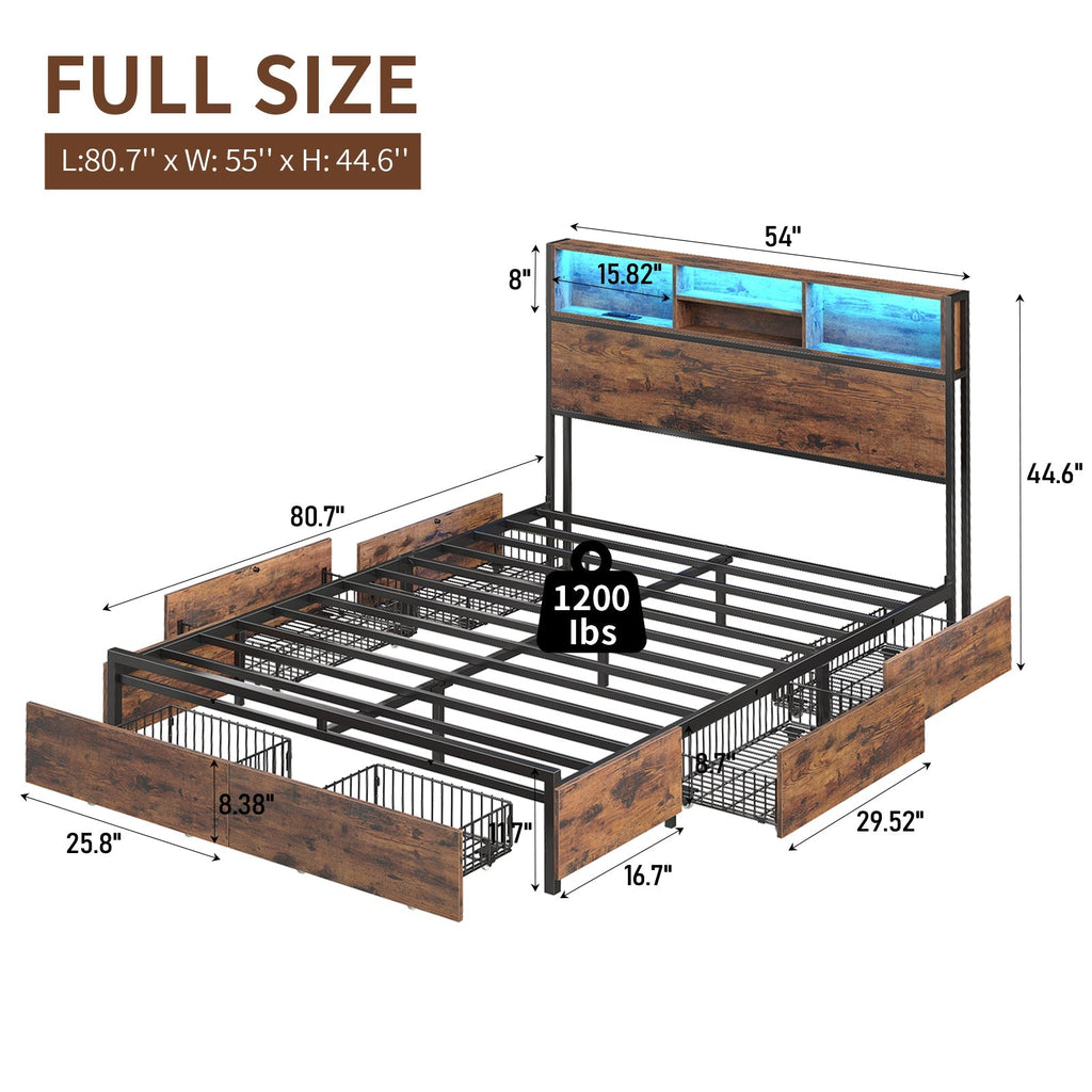 Vektaya US-BF012-BR Full/Queen/King Bed Frame with LED Headboard, Charging Ports, 6 Storage Drawers, Shelf, Easy Assembly, No Box Spring Needed