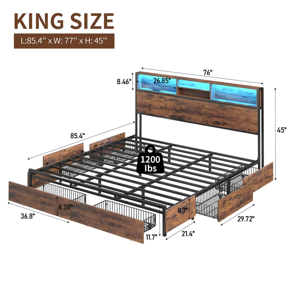 Vektaya US-BF012-BR Full/Queen/King Bed Frame with LED Headboard, Charging Ports, 6 Storage Drawers, Shelf, Easy Assembly, No Box Spring Needed