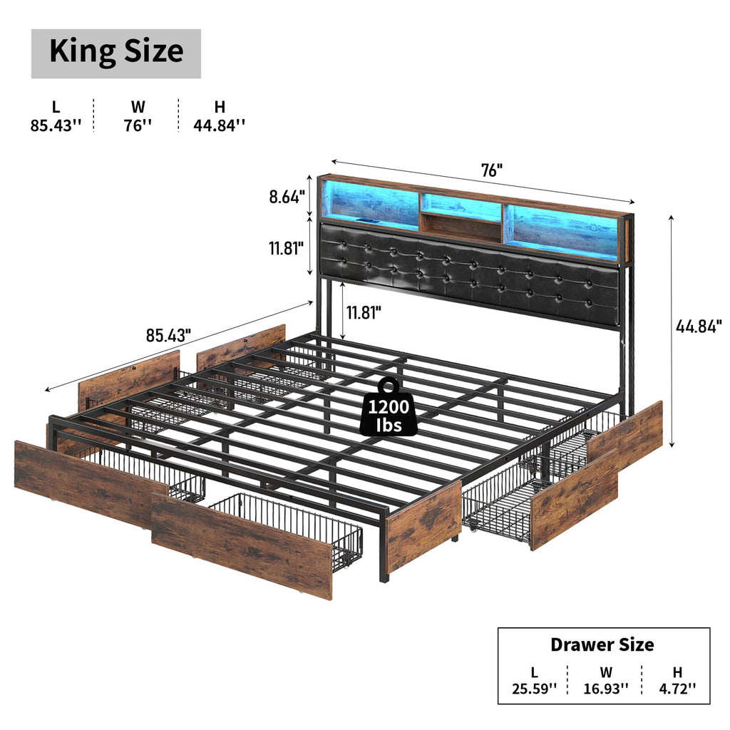 Vektaya US-BF013-BR Full/Queen/King Bed Frame with RGB LED Headboard, Charging, 6 Drawers, Upholstered, Heavy-Duty, Easy Assembly, No Box Spring