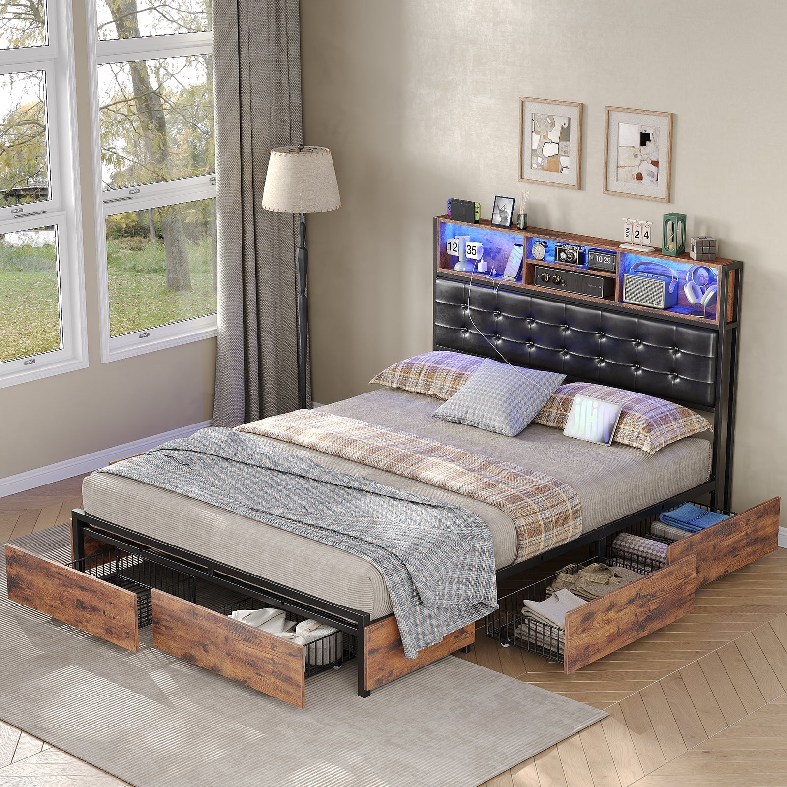 Vektaya US-BF013-BR Full/Queen/King Bed Frame with RGB LED Headboard, Charging, 6 Drawers, Upholstered, Heavy-Duty, Easy Assembly, No Box Spring