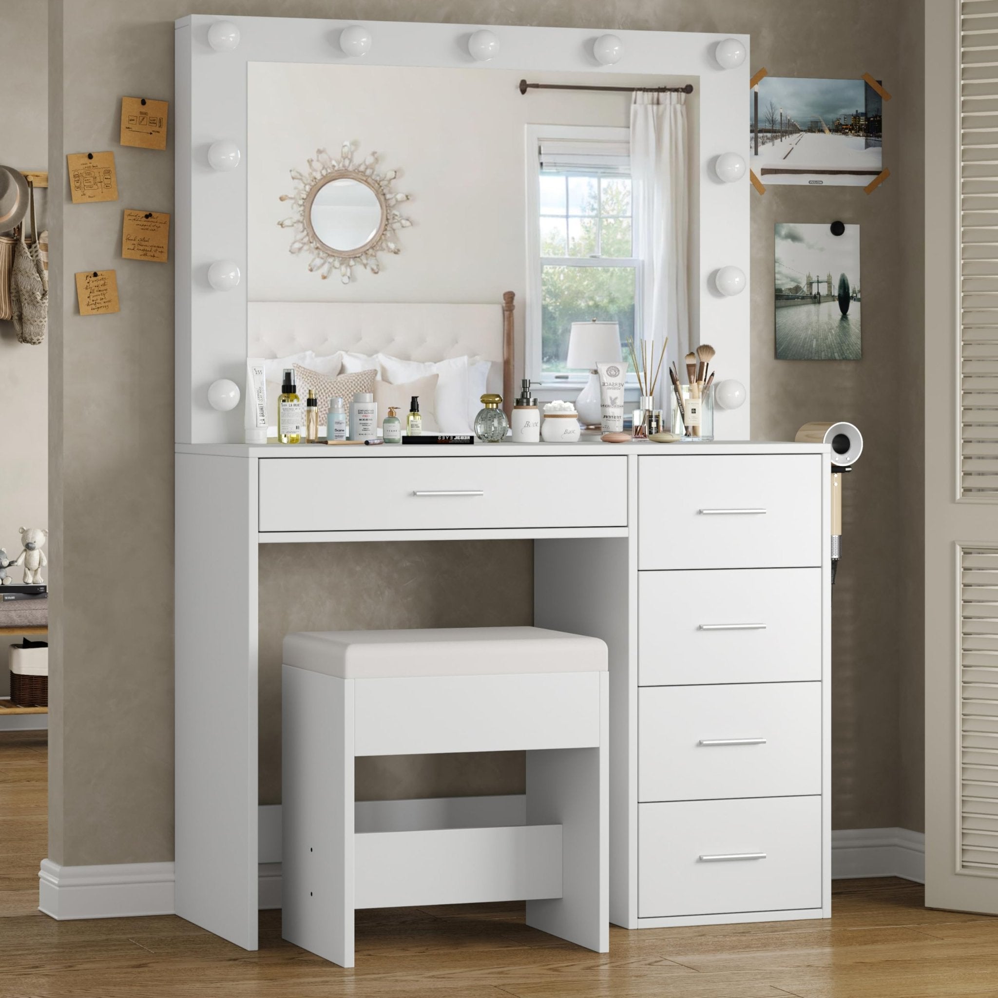 Vektaya US-VD001 Bedroom Makeup Vanity desk with LED Mirror, 5 Drawers