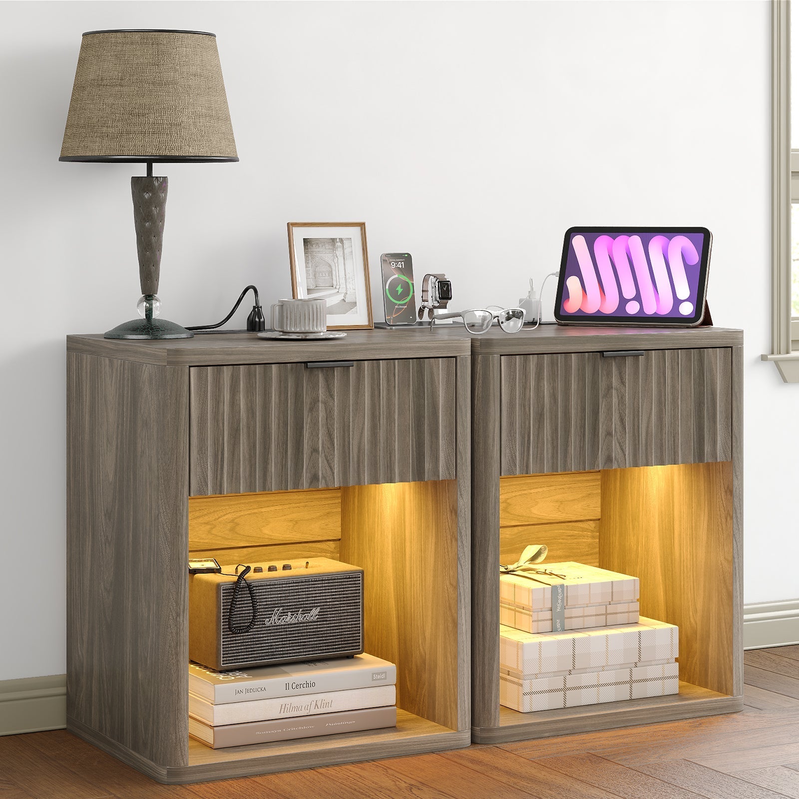 Vektaya US-NS001-NR Fluted Nightstands with LED & Charging Station, Drawer Side Tables, Oak