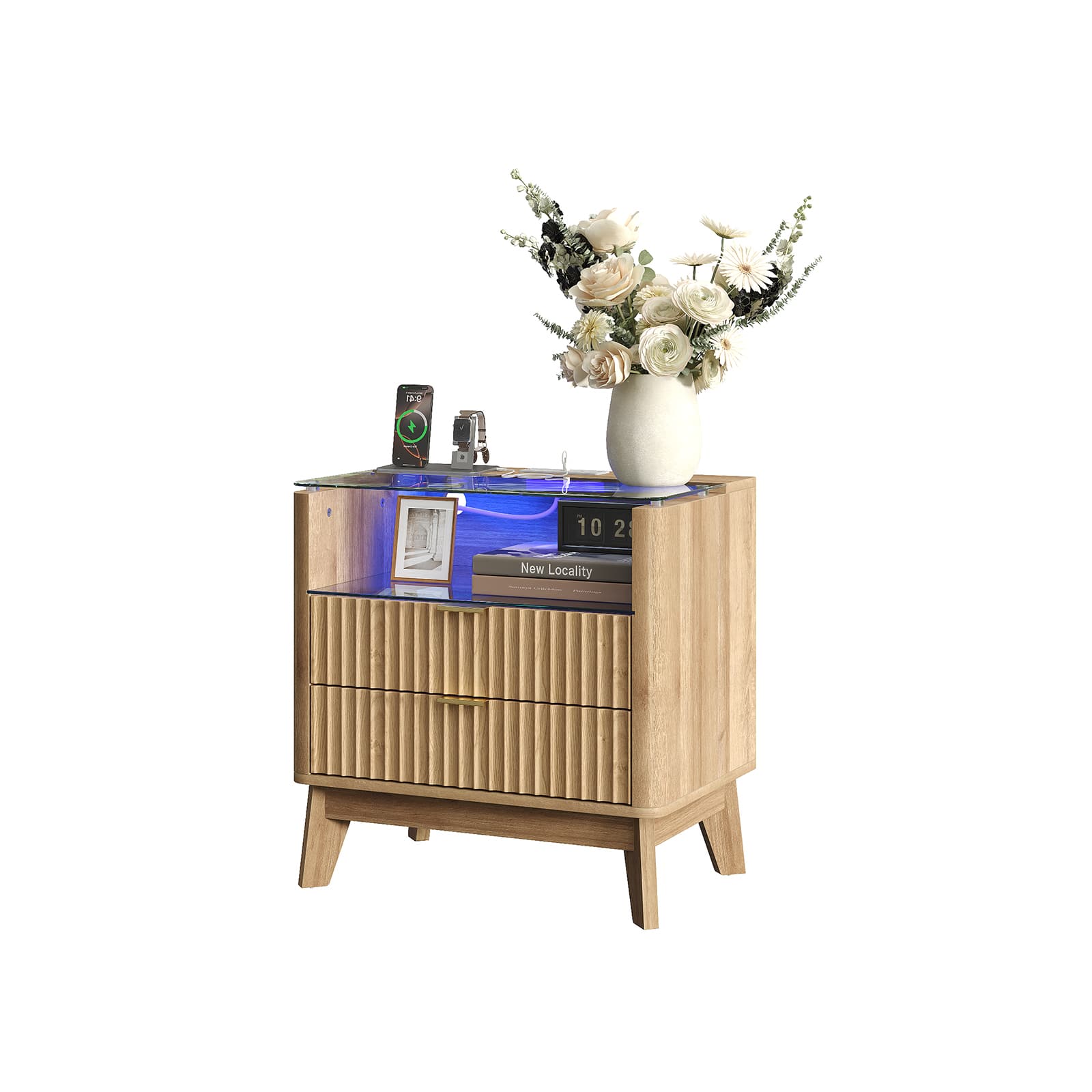 Vektaya US-NS003-NR 23" Nightstand with Charging Station, Fluted LED End Table with Drawers, Oak