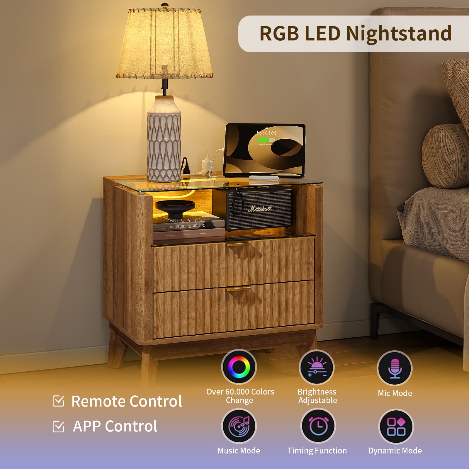 Vektaya US-NS003-NR 23" Nightstand with Charging Station, Fluted LED End Table with Drawers, Oak
