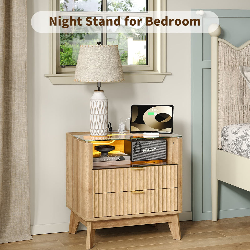 Vektaya US-NS003-NR 23" Nightstand with Charging Station, Fluted LED End Table with Drawers, Oak