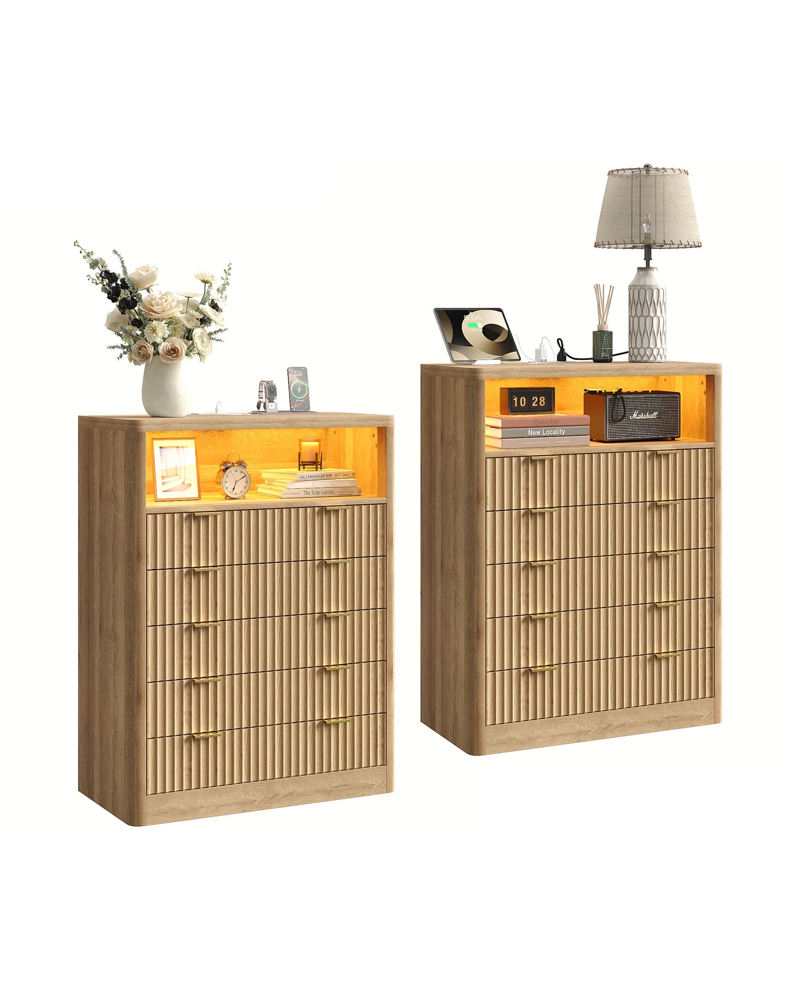 Vektaya US-NS010-NR Fluted Nightstand with LED & Charging Station, 5-Drawer Tall Organizer, Oak-2