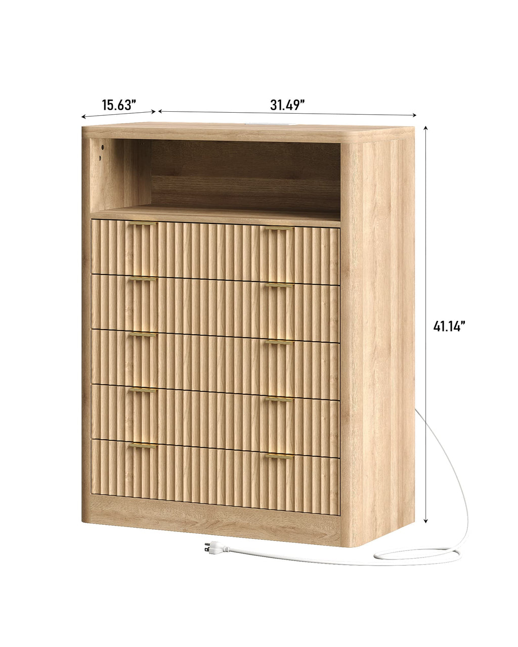 Vektaya US-NS010-NR Fluted Nightstand with LED & Charging Station, 5-Drawer Tall Organizer, Oak-1