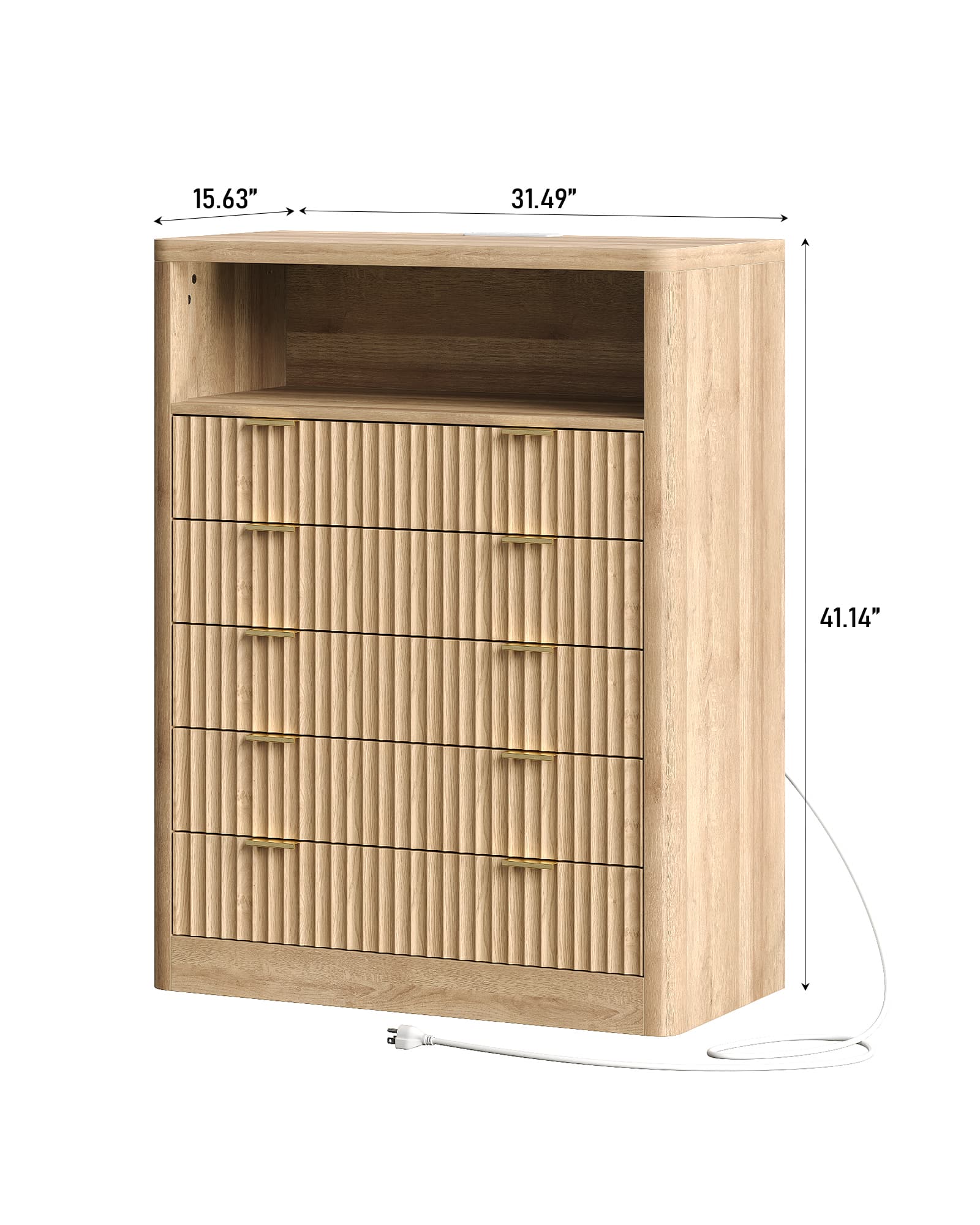 Vektaya US-NS010-NR Fluted Nightstand with LED & Charging Station, 5-Drawer Tall Organizer, Oak-1
