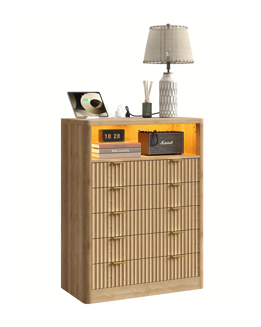 Vektaya US-NS010-NR Fluted Nightstand with LED & Charging Station, 5-Drawer Tall Organizer, Oak-4