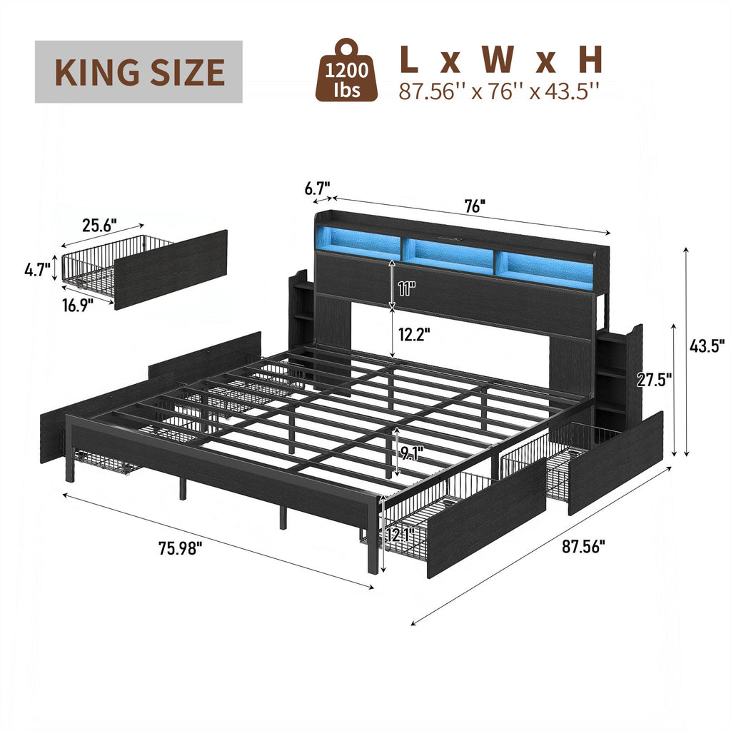 Vektaya US-BF015 Full/Queen/King Bed Frame with 2 Nightstands, 4 Drawers, Charging, No Box Spring,Black.