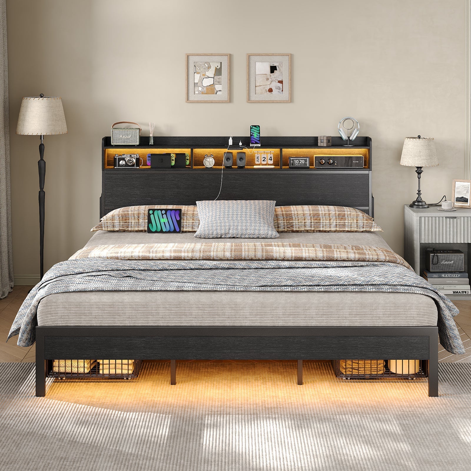 Vektaya US-BF015 Full/Queen/King Bed Frame with 2 Nightstands, 4 Drawers, Charging, No Box Spring,Black.