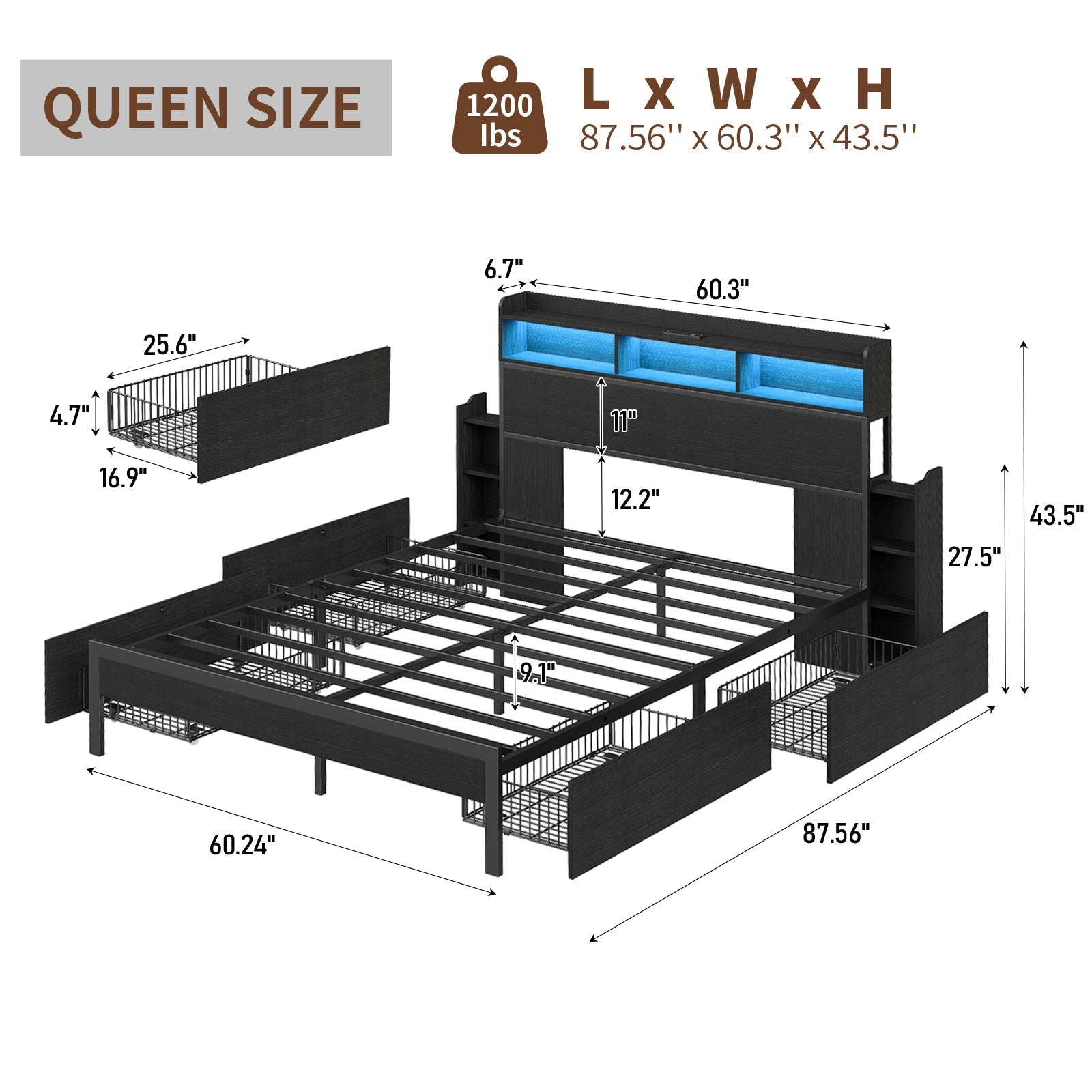 Vektaya US-BF015 Full/Queen/King Bed Frame with 2 Nightstands, 4 Drawers, Charging, No Box Spring,Black.