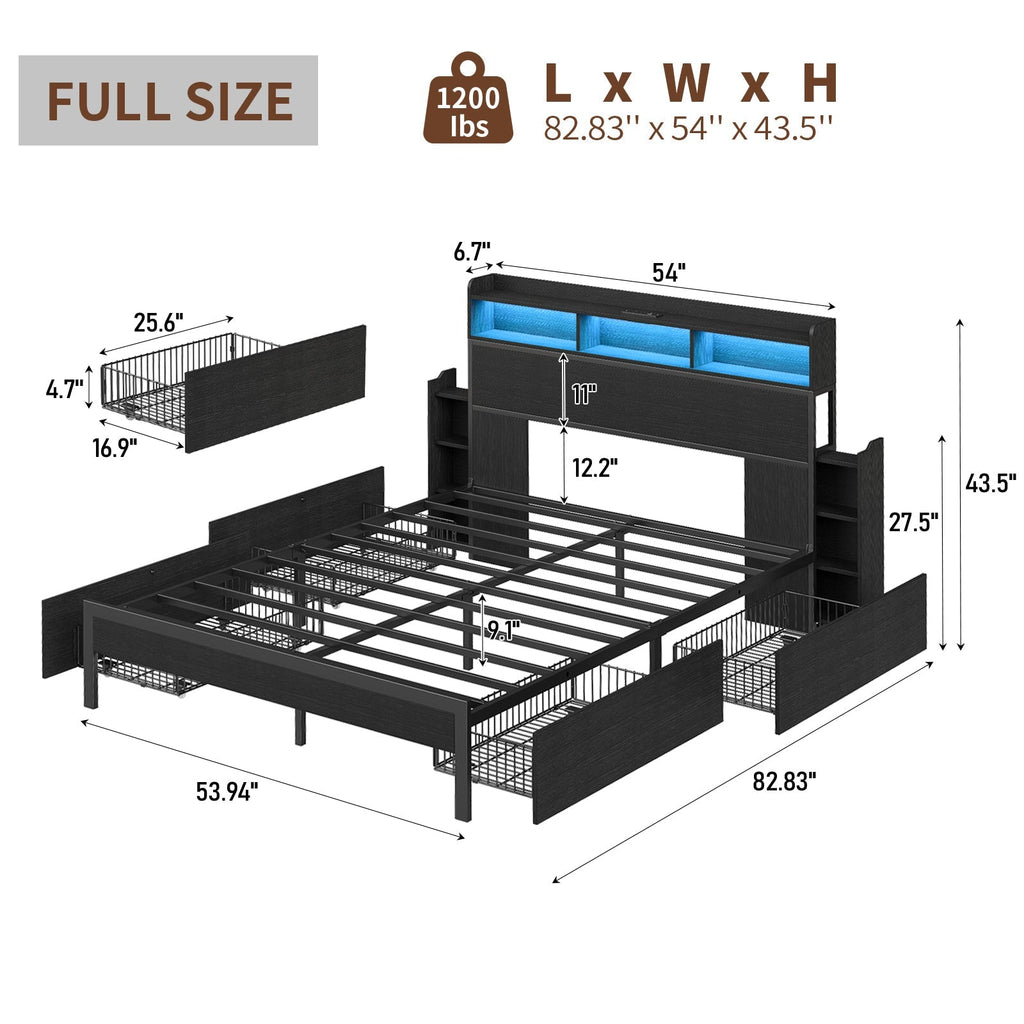 Vektaya US-BF015 Full/Queen/King Bed Frame with 2 Nightstands, 4 Drawers, Charging, No Box Spring,Black.