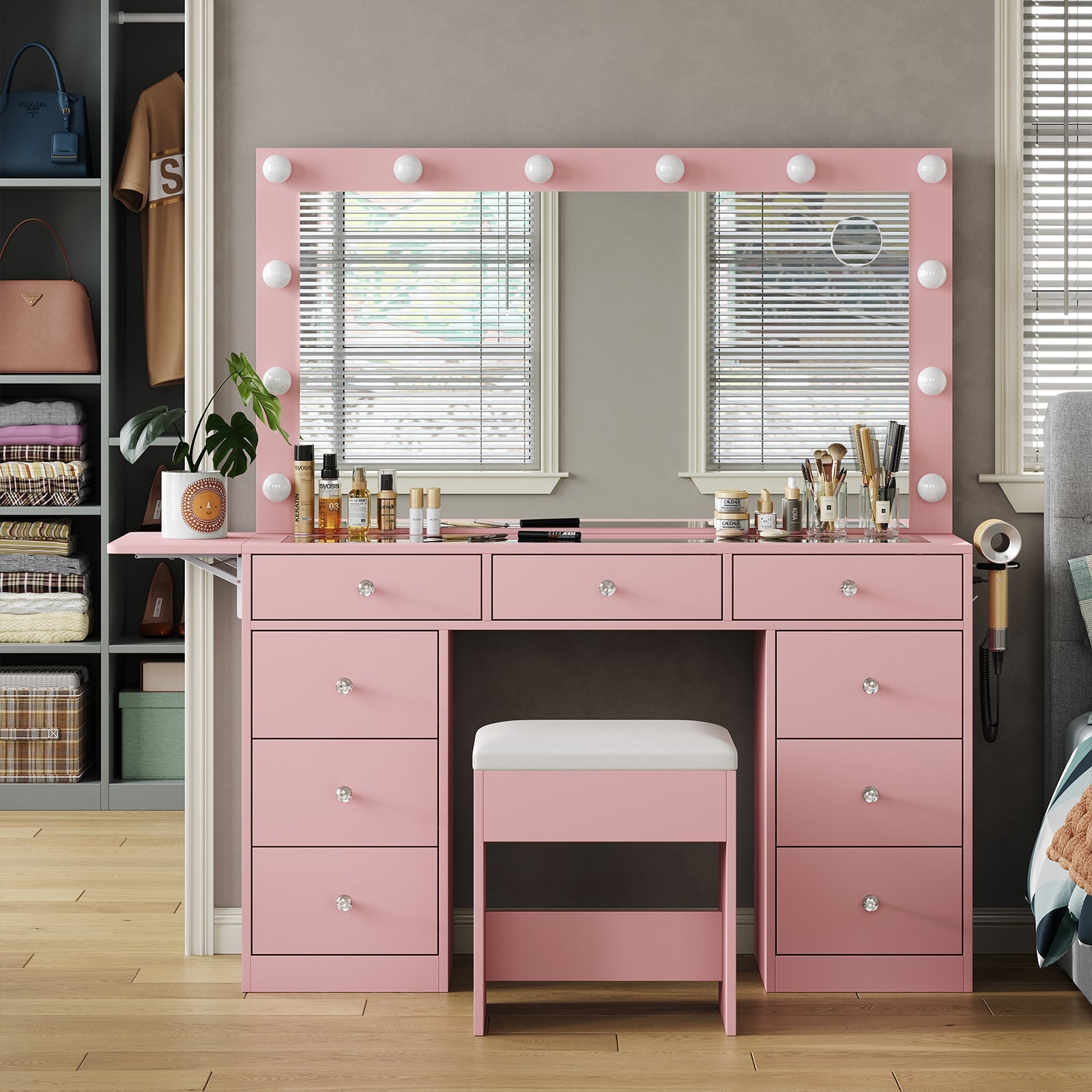 Vektaya US-VD007 Bedroom Makeup Vanity desk with LED Mirror, 9 Drawers