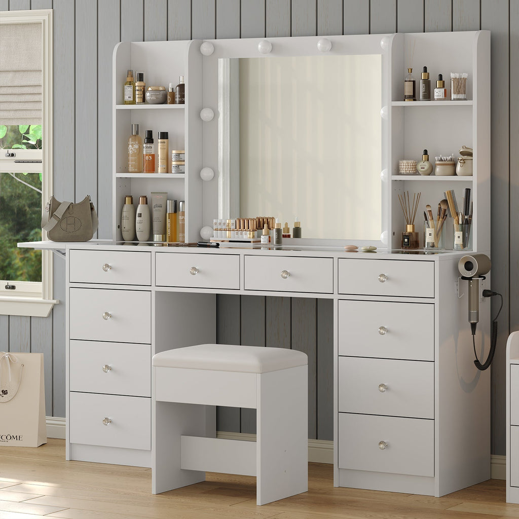 Vektaya US-VD011 Bedroom Makeup Vanity desk with LED Mirror, 10 Drawers