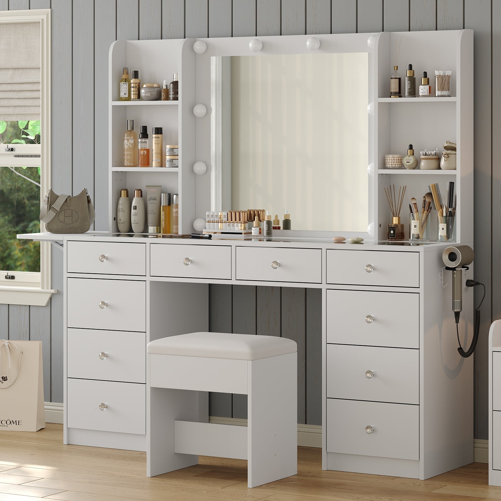 Vektaya US-VD011 Bedroom Makeup Vanity desk with LED Mirror, 10 Drawers