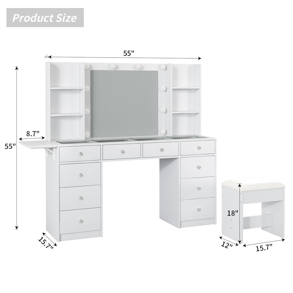 Vektaya US-VD011 Bedroom Makeup Vanity desk with LED Mirror, 10 Drawers