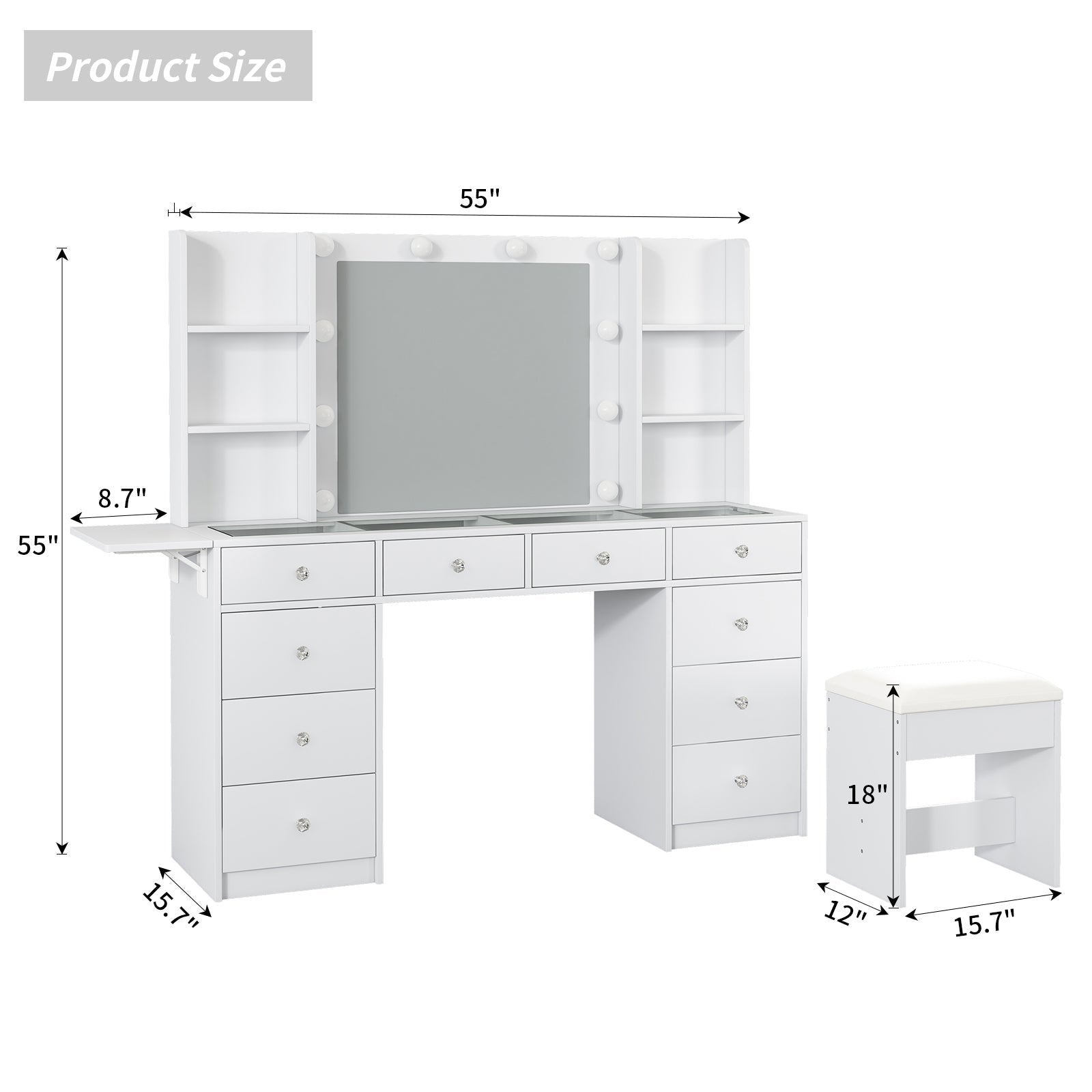 Vektaya US-VD011 Bedroom Makeup Vanity desk with LED Mirror, 10 Drawers