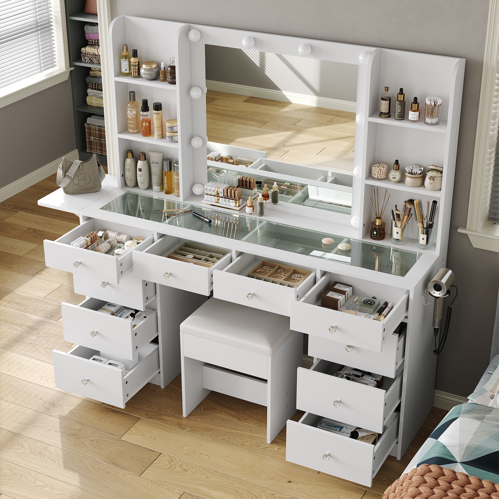 Vektaya US-VD011 Bedroom Makeup Vanity desk with LED Mirror, 10 Drawers