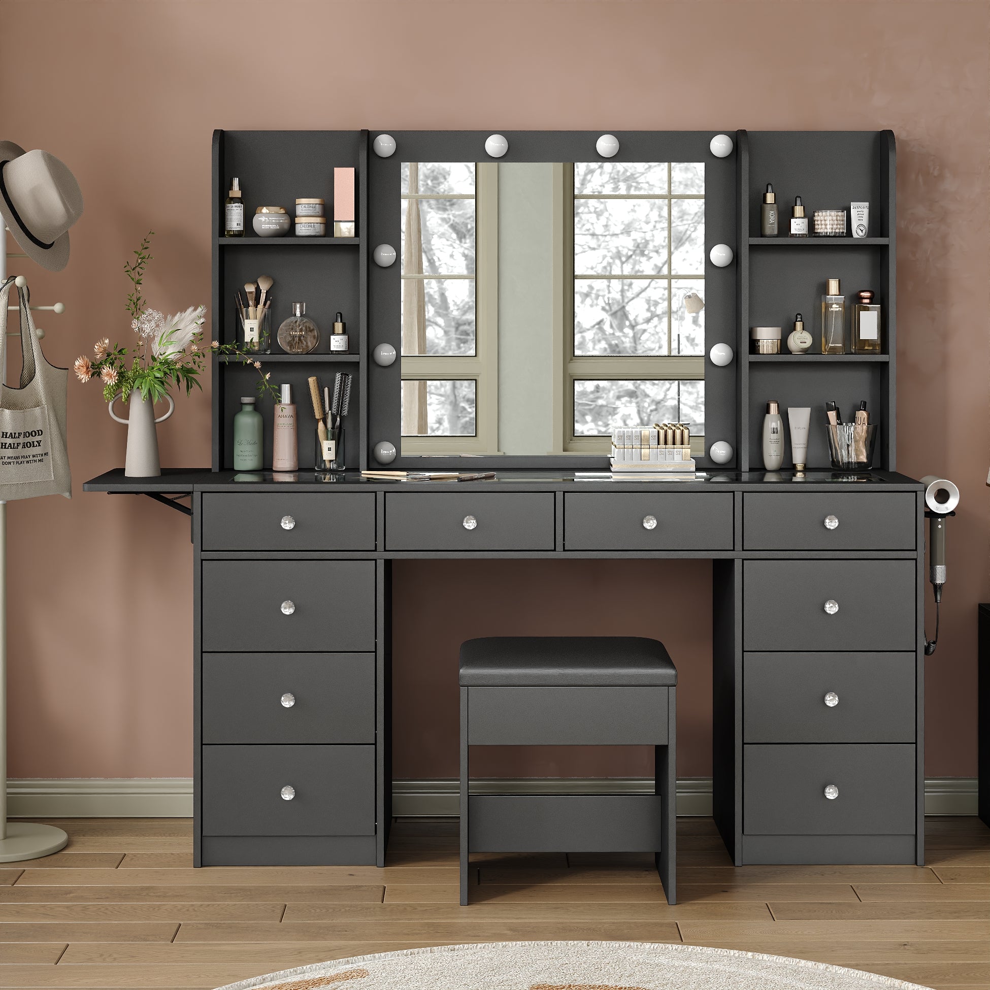 Vektaya US-VD011 Bedroom Makeup Vanity desk with LED Mirror, 10 Drawers