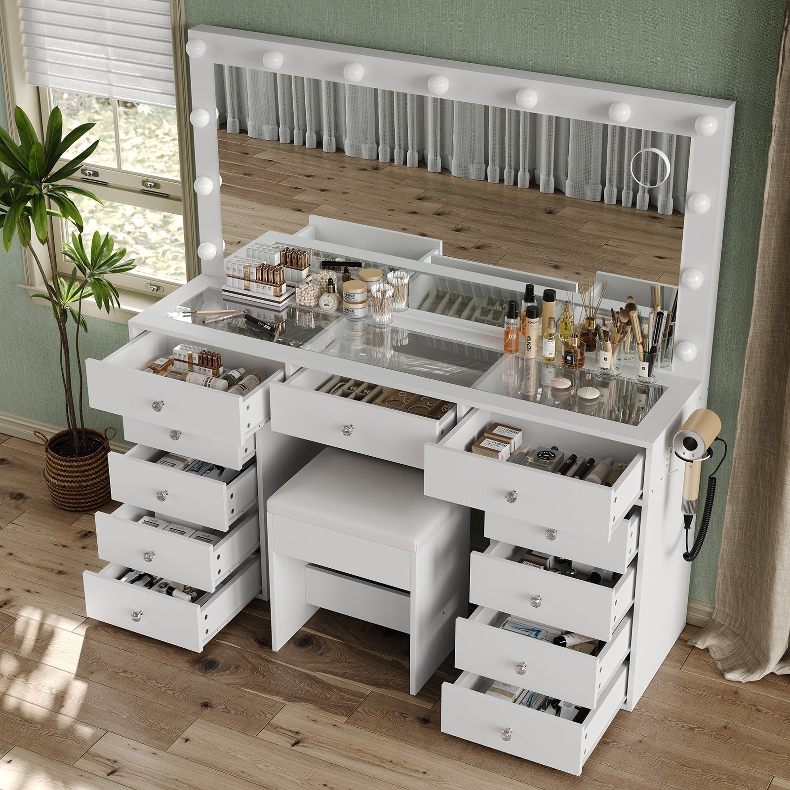 Vektaya US-VD015 Bedroom Makeup Vanity desk with LED Mirror, 11 Drawers-4